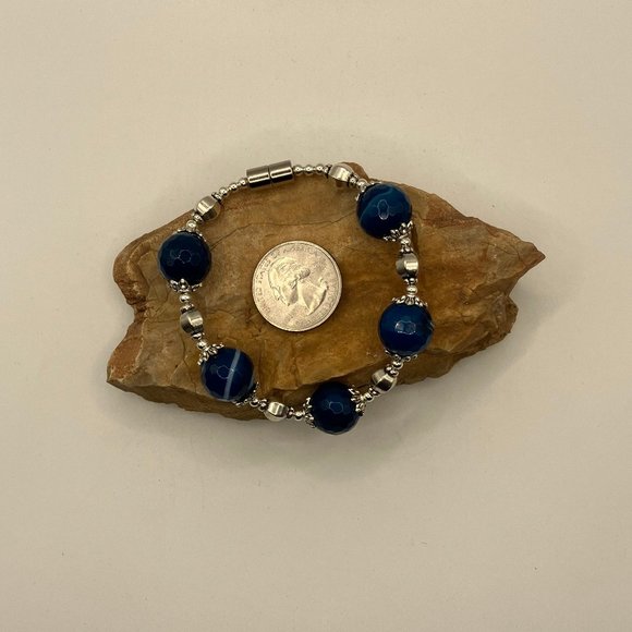 DARK Blue Agate Beaded Bracelet Large Agate Faceted Bead 14mm Grade A NEW - Picture 4 of 13